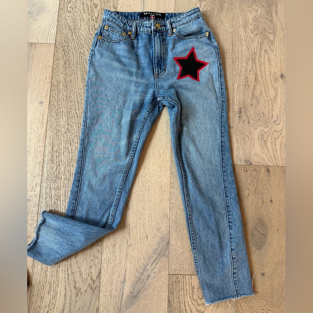 P.E Nation High Rise Cropped Raw Edge Slim Fit Jeans w/ Star Detail Size 26 - Picture 3 of 9